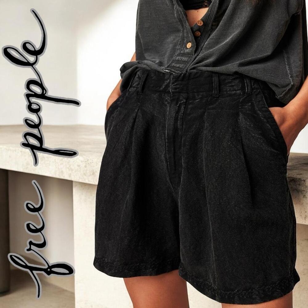 Free People Shorts Size 2 Calla Linen Blend Pleated Black Boho‎ Summer Paperbag